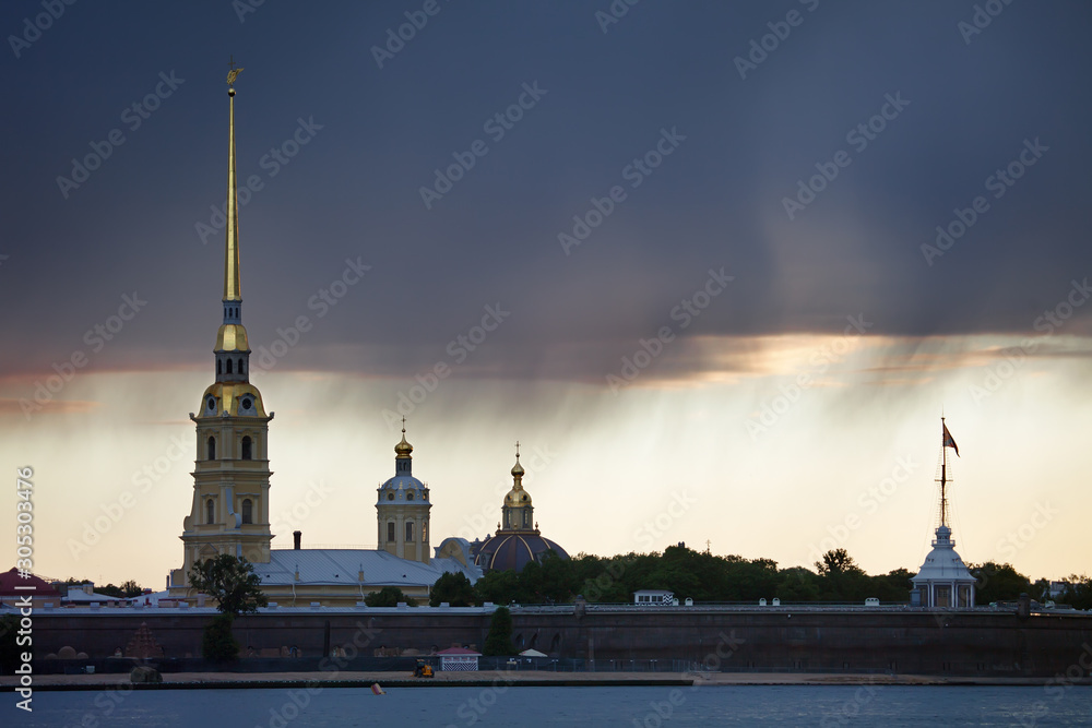 Morning rain over the fortress of Peter and Paul in St. Petersburg (Russia).