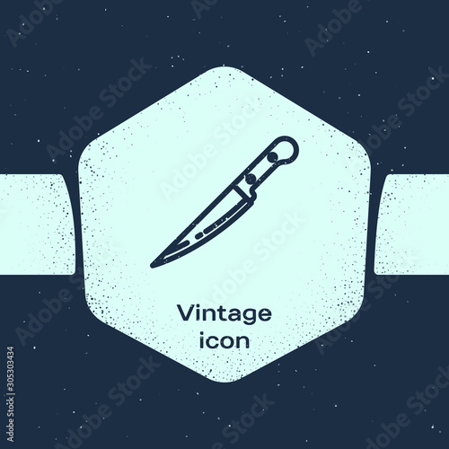 Grunge line Knife icon isolated on blue background. Cutlery symbol. Monochrome vintage drawing. Vector Illustration