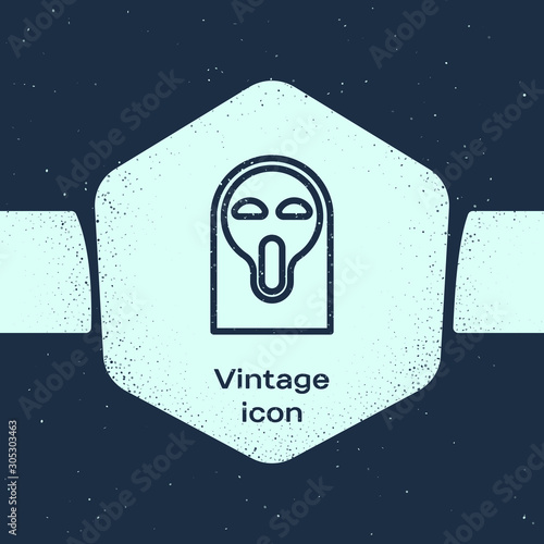 Grunge line Funny and scary ghost mask for Halloween icon isolated on blue background. Happy Halloween party. Monochrome vintage drawing. Vector Illustration