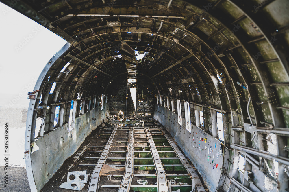Obraz premium Inside a airpane wrack. Plane wreck on Solheimasandur