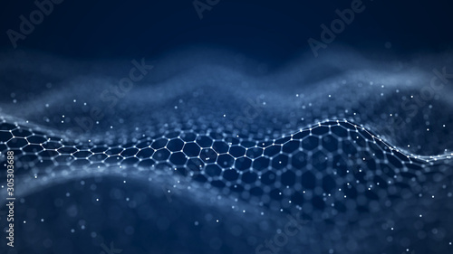 Wave with the connection of points and lines on a polygonal dark background. Futuristic abstract mesh.