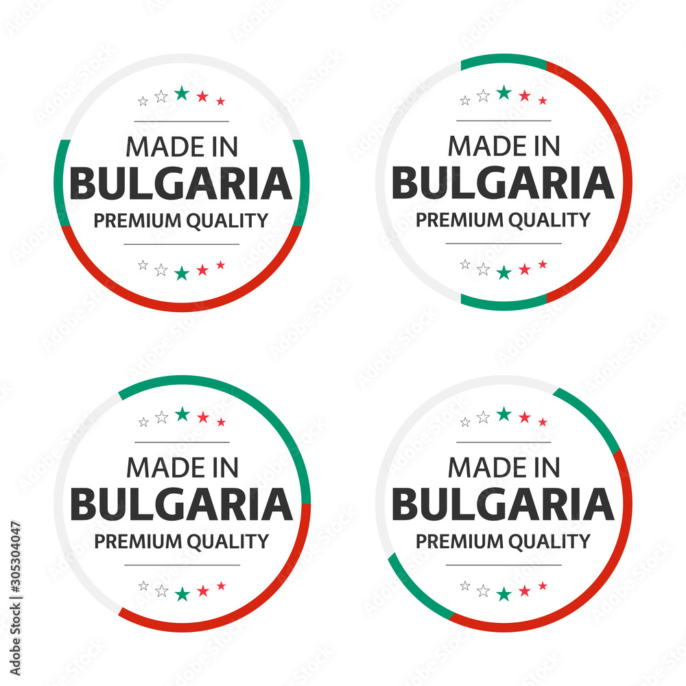 Set of four Bulgarian icons, English title Made in Bulgaria, premium quality stickers and symbols, internation labels with stars, simple vector illustration isolated on white background Set of four Bulgarian icons, English title Made in Bulgaria, premium quality stickers and symbols, internation labels with stars, simple vector illustration isolated on white background