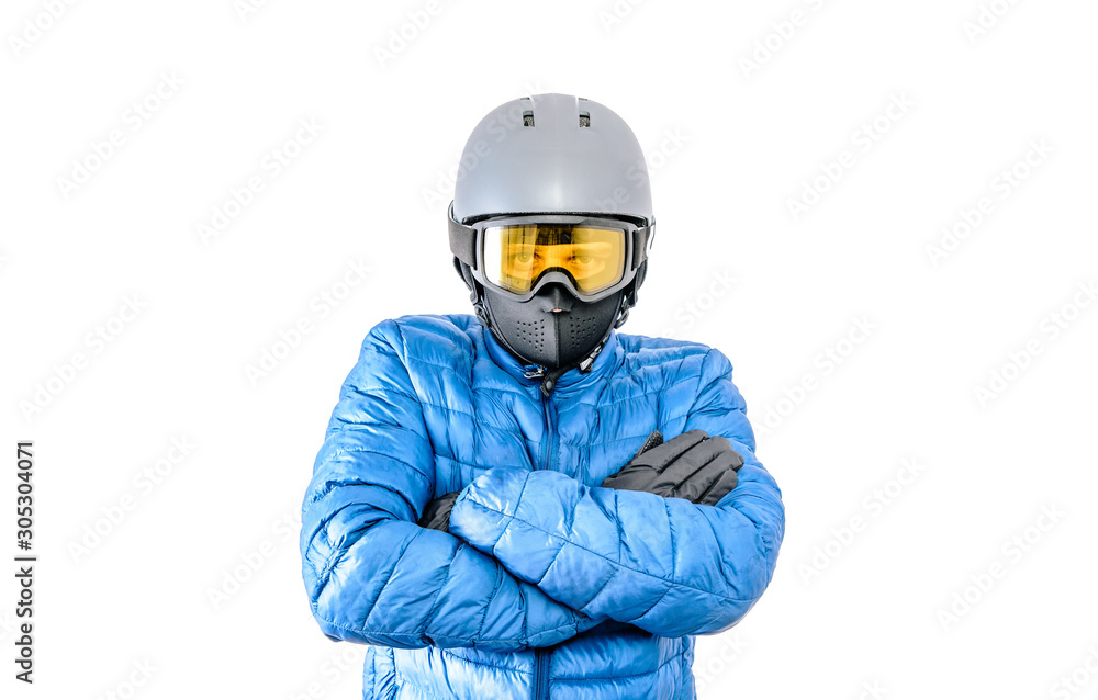 Skier wearing a ski helmet, google, gloves and winter jacket Isolated on a white background. Concept of skiing, snowboarding. Winter sports.