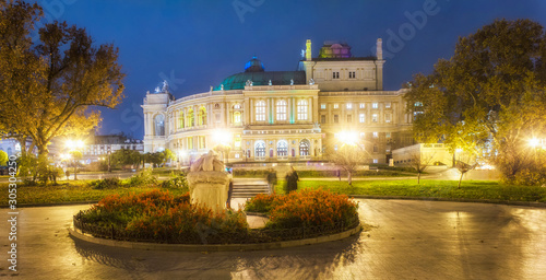 Odessa Opera and Ballet Theater in the heart of Odessa. Beautiful night panorama of Odessa, Ukraine. Cultural Center on the Black Sea