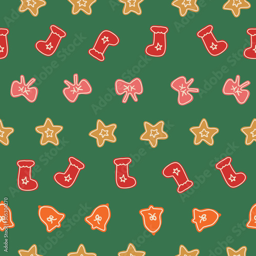 Christmas decorations seamless pattern in happy and naive style. Cute hand-drawn illustrations in a fun and colorful style on dark green background 