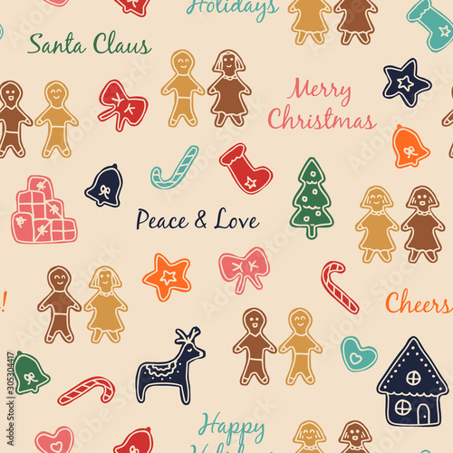 Christmas pattern with gingerbread men and women, couples and families.With text in english and christmas decorations. Colorful, cute hand-drawn illustrations, fun surface design with cream background