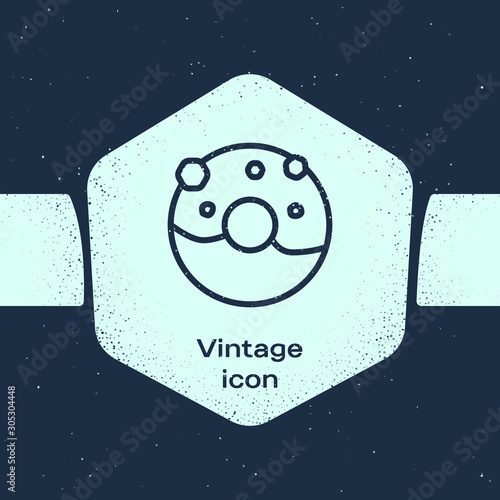 Grunge line Donut with sweet glaze icon isolated on blue background. Monochrome vintage drawing. Vector Illustration