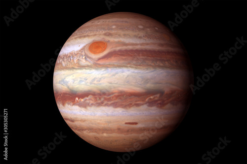 Planet Jupiter, with a big spot. On a black background. Elements of this image furnished by NASA