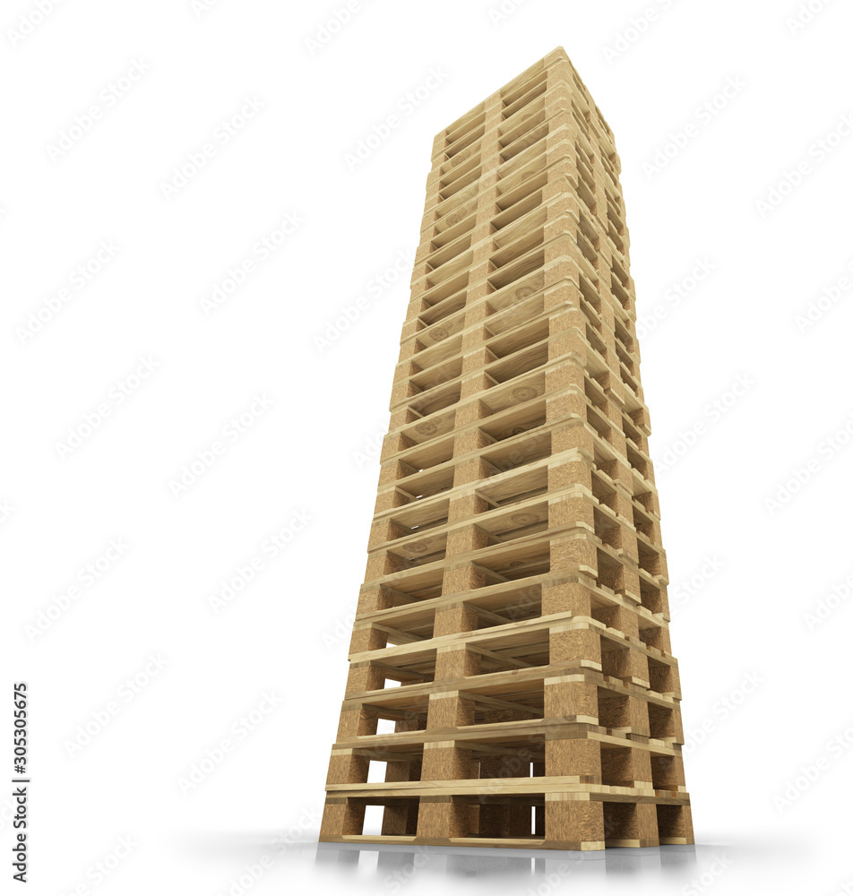 Low angle view of One very high Wood Pallets Stack