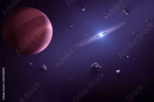 Fototapeta Naklejka Na Ścianę i Meble -  A distant planet in a stream of meteors. With a galaxy in the distance. Elements of this image furnished by NASA