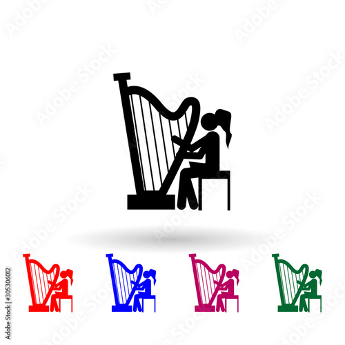 Girl playing the harp multi color icon. Simple glyph, flat vector of music icons for ui and ux, website or mobile application