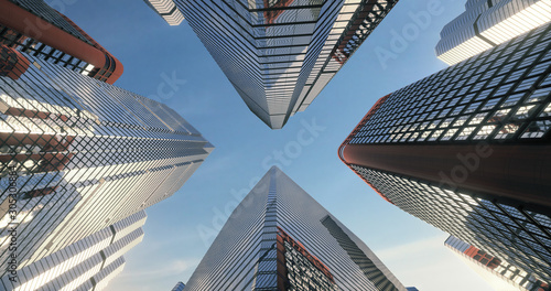 Low angle shot from ground to sky of city skyscrapers. 3D render