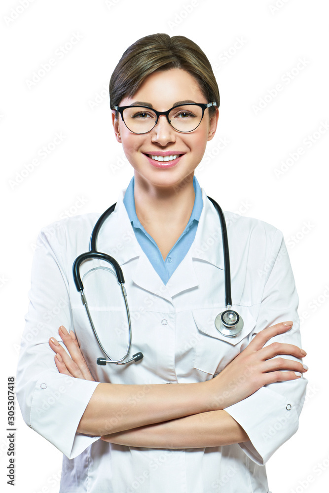 Portrait of glad smiling doctor in white uniform standing with crossed hands on blue clinic background Portrait of glad smiling doctor in white uniform standing with crossed hands on blue clinic background