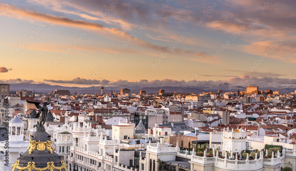 The skyline of Madrid, Spain, during sunset