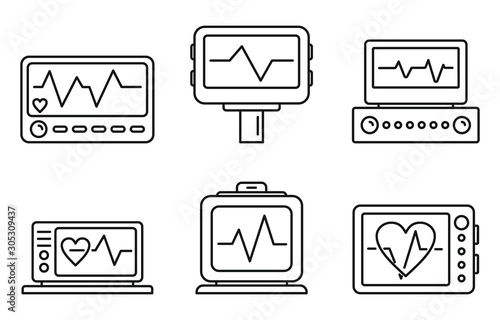 Medical electrocardiogram icons set. Outline set of medical electrocardiogram vector icons for web design isolated on white background