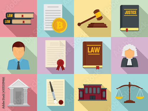 Legislation icons set. Flat set of legislation vector icons for web design