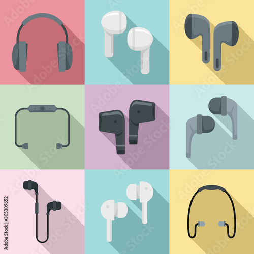 Wireless earbuds icons set. Flat set of wireless earbuds vector icons for web design