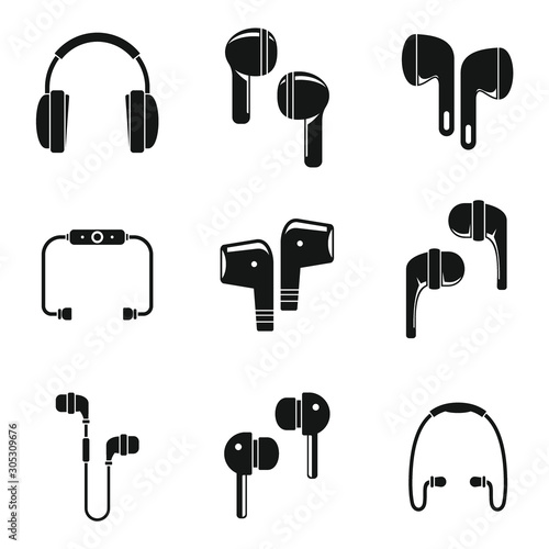 Modern wireless earbuds icons set. Simple set of modern wireless earbuds vector icons for web design on white background