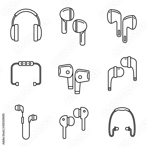 Personal wireless earbuds icons set. Outline set of personal wireless earbuds vector icons for web design isolated on white background