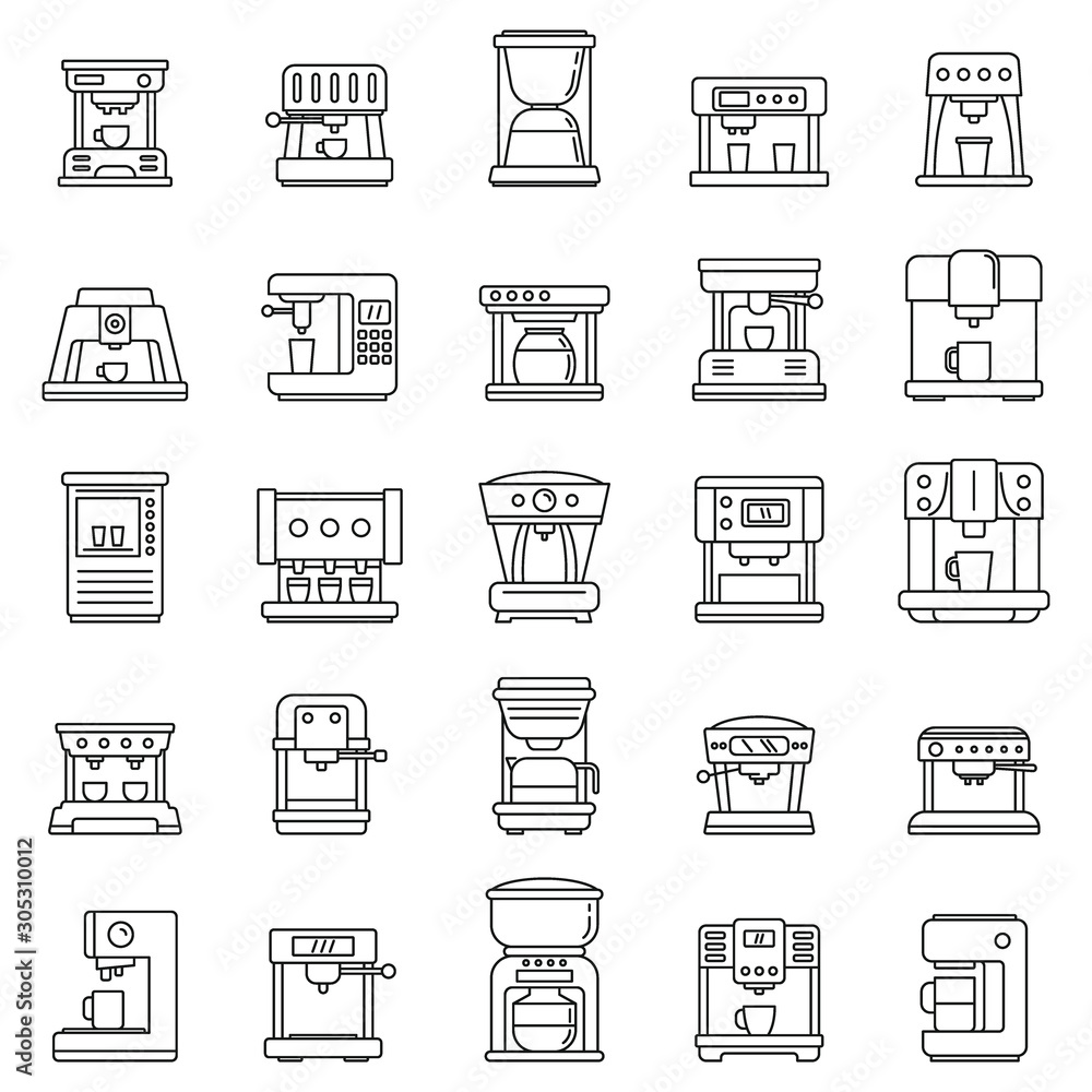 Automatic coffee machine icons set. Outline set of automatic coffee machine vector icons for web design isolated on white background Automatic coffee machine icons set. Outline set of automatic coffee machine vector icons for web design isolated on white background