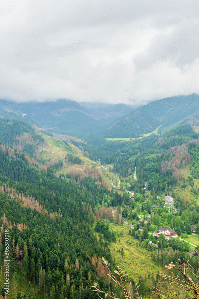 Fototapeta premium Tatry mountains covered with beautiful forests and covered with thick fog and clouds