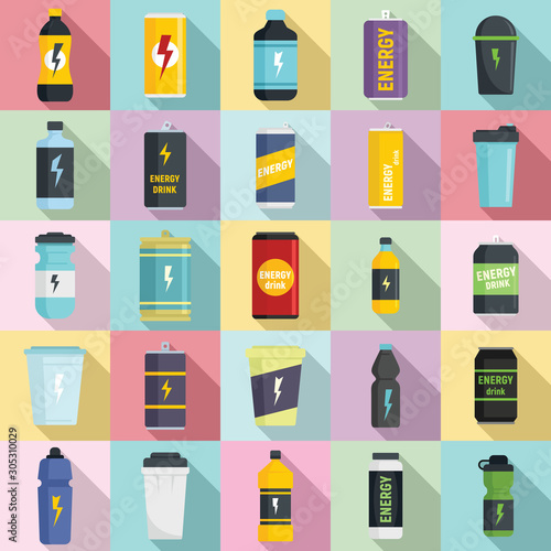 Energetic drink icons set. Flat set of energetic drink vector icons for web design