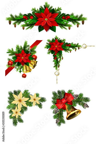 Christmas decorations with fir tree golden jingle bells
