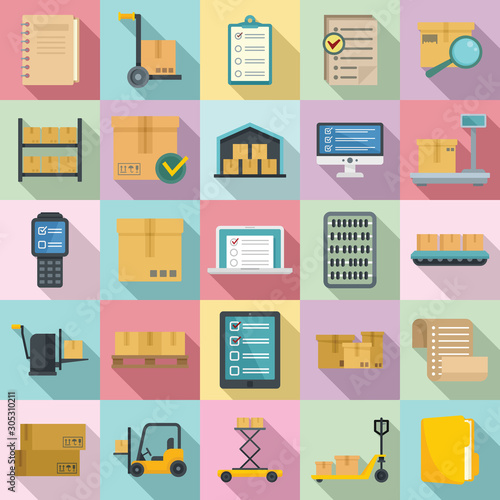 Inventory icons set. Flat set of inventory vector icons for web design