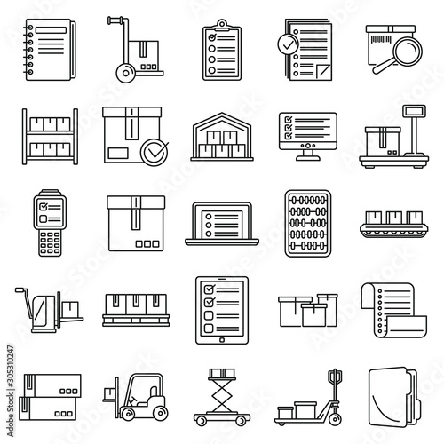 Work inventory icons set. Outline set of work inventory vector icons for web design isolated on white background