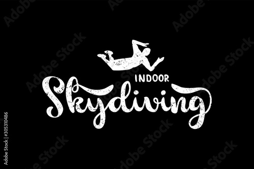 Indoor skydiving hand drawn lettering logo, emblem with flying silhouette of man.