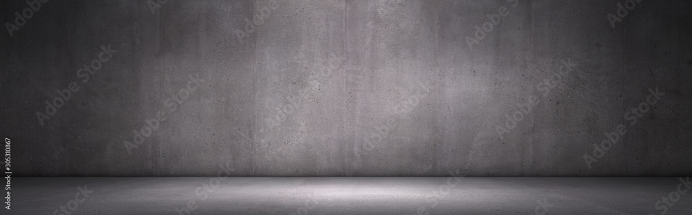 Exposed Concrete Wall Dark Panoramic Background with Floor for Placement and Presentation - obrazy, fototapety, plakaty 