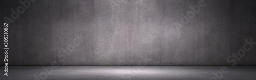 Exposed Concrete Wall Dark Panoramic Background with Floor for Placement and Presentation