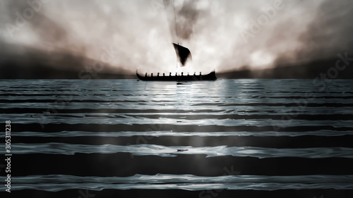 Ancient Greek Ship in Mist - 3D Illustration