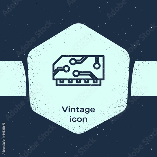 Grunge line RAM, random access memory icon isolated on blue background. Monochrome vintage drawing. Vector Illustration