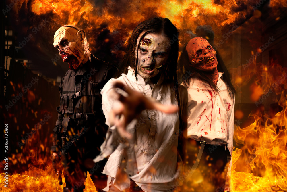 Zombies with bloody skinned faces, nightmare Zombies with bloody skinned faces, nightmare