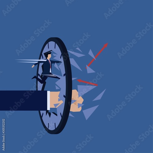 Business flat vector concept man break the clock metaphor of hard work.