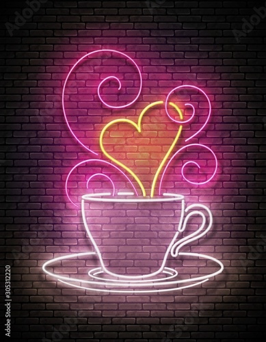 Vintage Glow Signboard with Coffee  Cup and Swirl Hot Steam