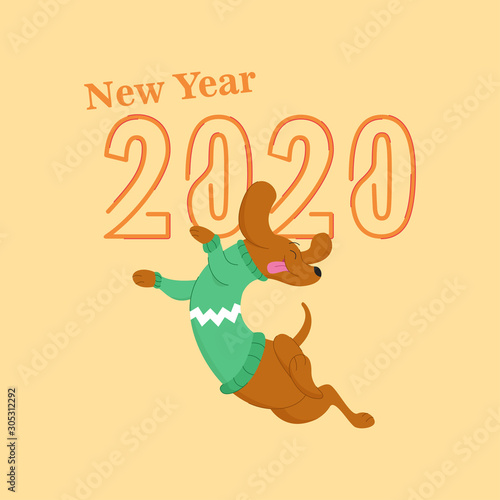 Happy New Year 2020. Happy Jumping Puppy Celebrating New Year 2020.