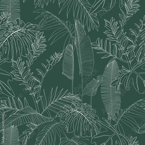 Elegant seamless pattern with green hand drawn line tropical leaves and flowers. Floral pattern. Vintage green background.