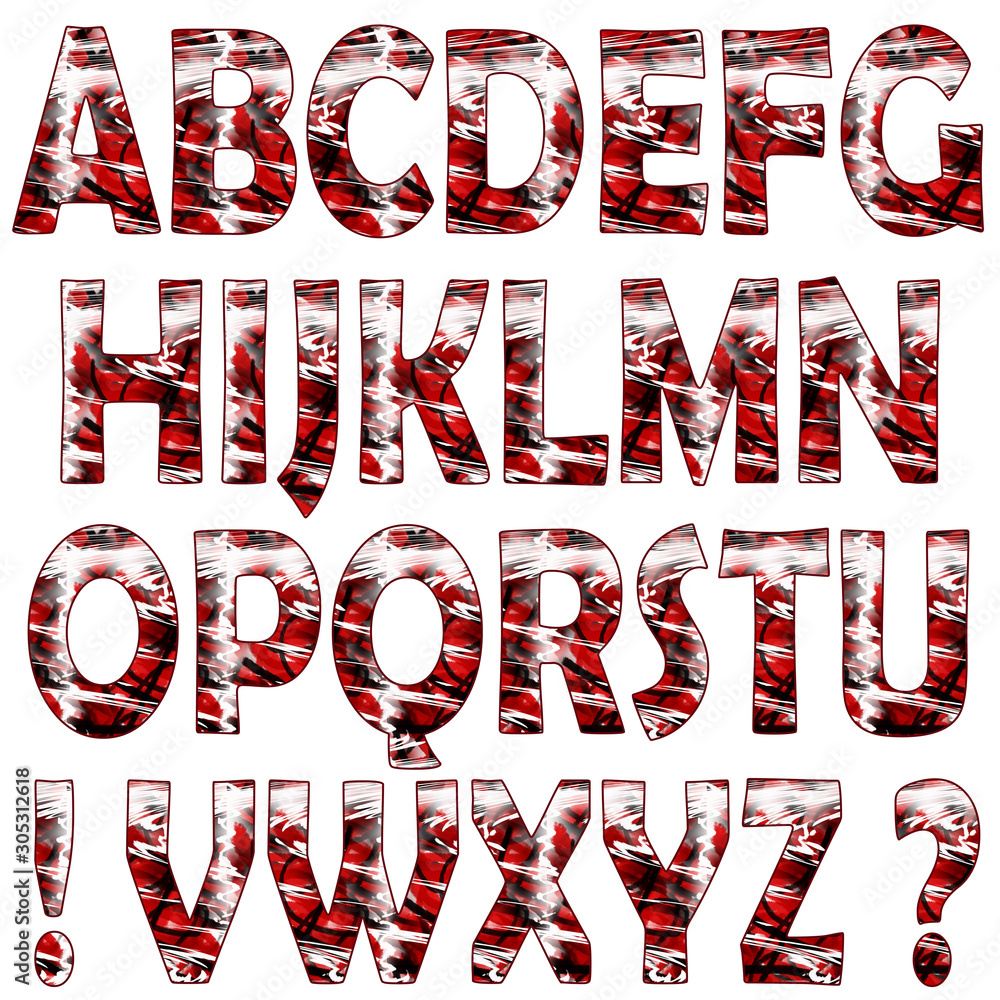 A raster set of textured capital letters of the Latin alphabet, exclamation and question marks. Red-black-and-white texture. Isolated letters on a white background. Based on Berlin Sans FB Demi. A raster set of textured capital letters of the Latin alphabet, exclamation and question marks. Red-black-and-white texture. Isolated letters on a white background. Based on Berlin Sans FB Demi.