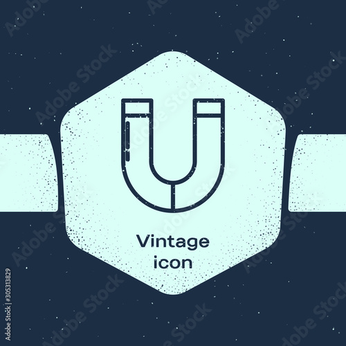 Grunge line Magnet icon isolated on blue background. Horseshoe magnet, magnetism, magnetize, attraction. Monochrome vintage drawing. Vector Illustration