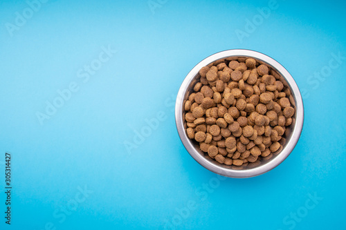 Dog food in a metal bowl. Blue background. Text space
