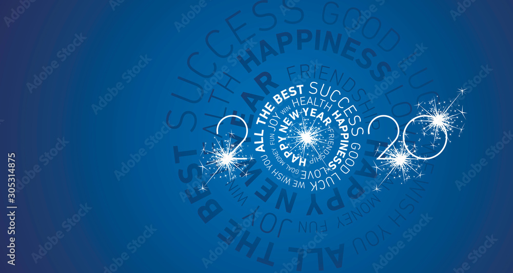Happy New Year 2020 modern circle word cloud text with sparkle firework white blue greeting card