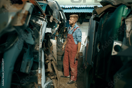 Принти на полотні Male repairman choosing spare parts on car junkyard