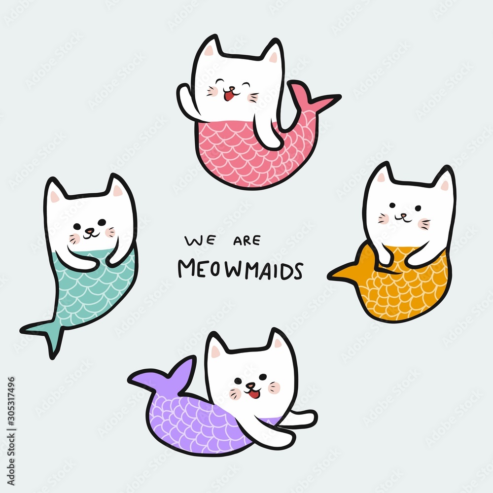 We are Meowmaids cartoon doodle set vector illustration