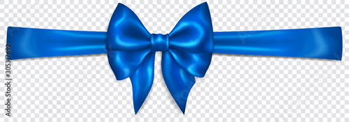Beautiful blue bow with horizontal ribbon with shadow on transparent background. Transparency only in vector format
