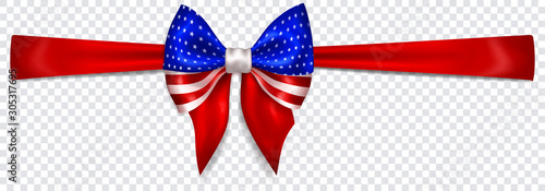 Beautiful bow in colors of USA flag with horizontal ribbon with shadow on transparent background. Transparency only in vector format