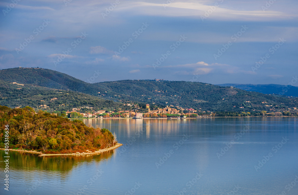 View of Lake Trasimeno with the small town of Passignano in Umbria from Isola Maggiore