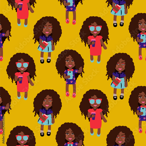 Cute fashion girls seamless vector pattern. Teenager women mustard yellow texture.
