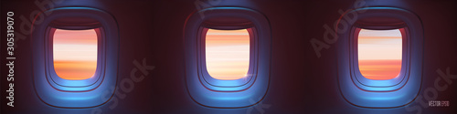 Triple Airplane porthole in the evening ambient atmosphere with clouds sunset visible through window. In pink blue color scheme. Ultra realistic 3d vector illustration with copy space